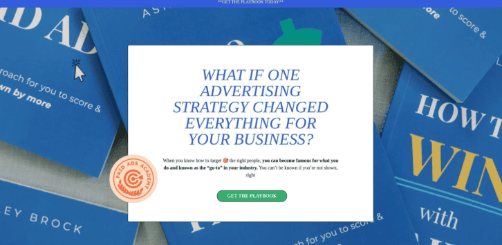 Advertising strategy concept with blue cards and a call to action button.