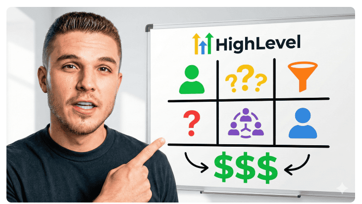 Man pointing at a marketing strategy chart with icons and dollar signs.