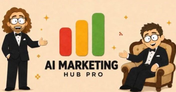 Daniel Agrici – AI Marketing Hub Pro AI Marketing Hub Pro logo with two cartoon characters in tuxedos.